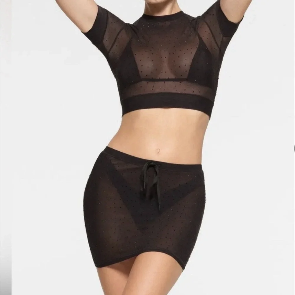SKIMS Mesh Rhinestone Crystal Swim Cover Up Skirt Onyx Black Sz M